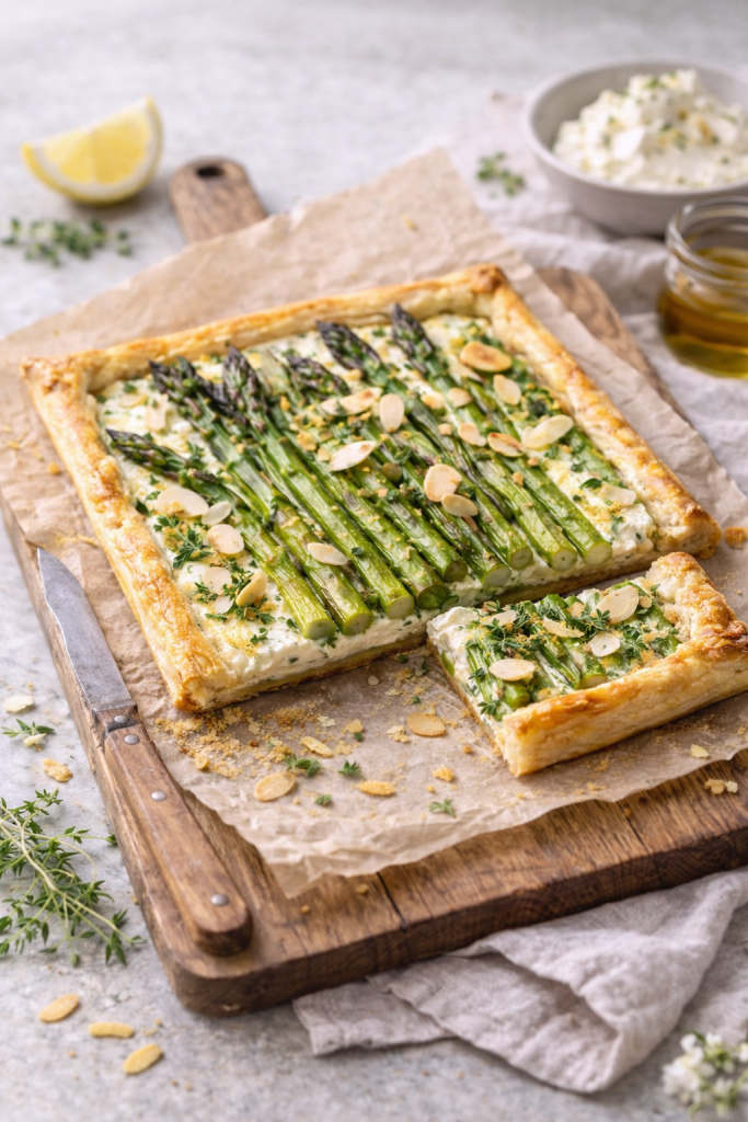 Asperge-ricottataart op houten snijplank
