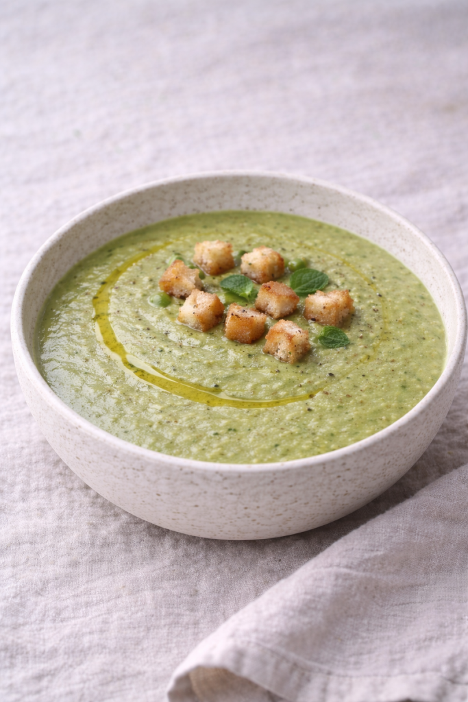 Romige groene soep met croutons